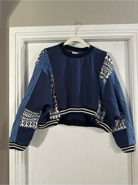 Pilcro Tops - Pilcro Navy Patchwork Cropped Crewneck Sweatshirt